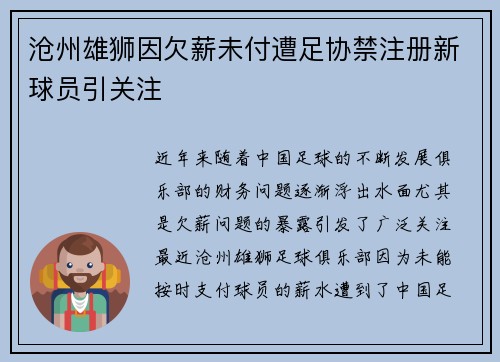 沧州雄狮因欠薪未付遭足协禁注册新球员引关注